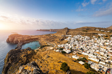 Aerial view on St. Paul's bay in Lindos, Rhodes island, Greece. Panoramic shot overlooking St Pauls...