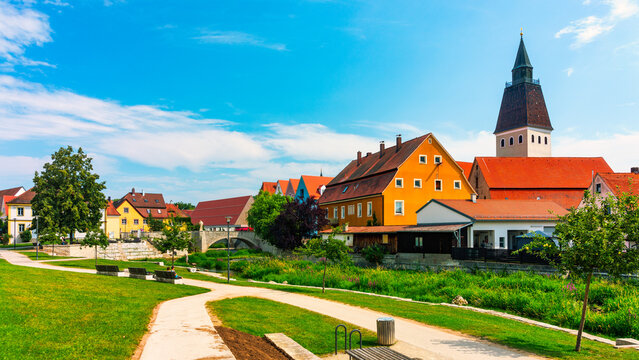 Berching, Bacham is a Bavarian town in the Neumarkt district in the Upper Palatinate. Photographed in summer in the Franconian Alb on the Main Danube Canal and with the Sulz river. Berching, Germany