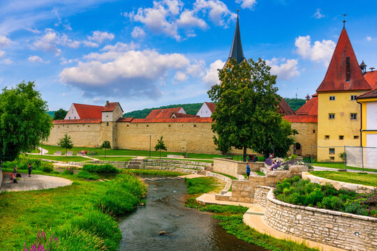 Berching, Bacham is a Bavarian town in the Neumarkt district in the Upper Palatinate. Photographed in summer in the Franconian Alb on the Main Danube Canal and with the Sulz river. Berching, Germany