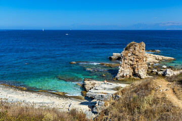 View north east coast with Kanoni and Mpataria beach, Island of Corfu, Greece. Mpataria and Kanoni...