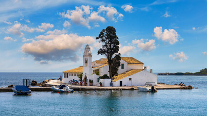 Beautiful landscape with Holy Monastery of Panagia Vlacherna of the coast Ionian Sea in the Corfu...