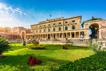 Museum of Asian Art. Colorful morning cityscape of Corfu Town, capital of the Greek island of Corfu, Greece, Europe. View of Asian Art museum and the Palace of St. Michael and St. George in Corfu. - obrazy, fototapety, plakaty