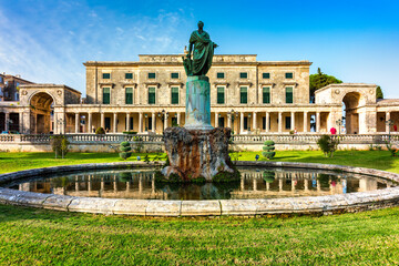 Museum of Asian Art. Colorful morning cityscape of Corfu Town, capital of the Greek island of Corfu, Greece, Europe. View of Asian Art museum and the Palace of St. Michael and St. George in Corfu. - obrazy, fototapety, plakaty