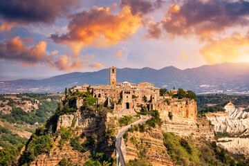 The famous Civita di Bagnoregio on a sunny day. Province of Viterbo, Lazio, Italy. Medieval town on...