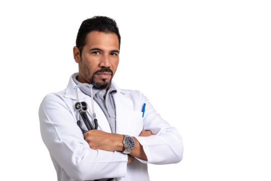 doctor with crossed arms holding a stethoscope, looking at camera