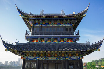 Low angle view of temple against clear blue sky at Chengdu