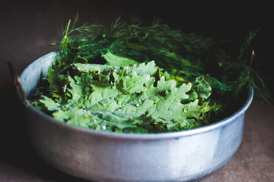 High Angle View Of Leaf Vegetables In Bowl On Table