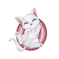 Biały kot leżący w różowym dmuchanym kole. Kotek gotowy do zabawy w basenie. Ręcznie rysowany uroczy mały kot na wakacjach. Letnia ilustracja. - obrazy, fototapety, plakaty
