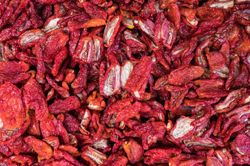 High angle view of dry red chili peppers for sale at market