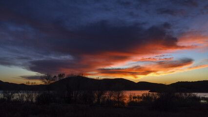 Twilight sky over Bouquet Reservoir in Los Angeles County, Southern California, United States.