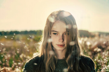 Woman with long hair in the sunlight with dandylion seeds
