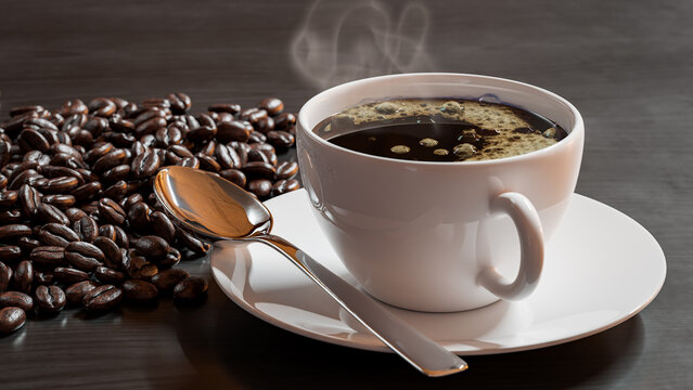 coffee cup aromatic espresso with foam and natural coffee beans 3d render