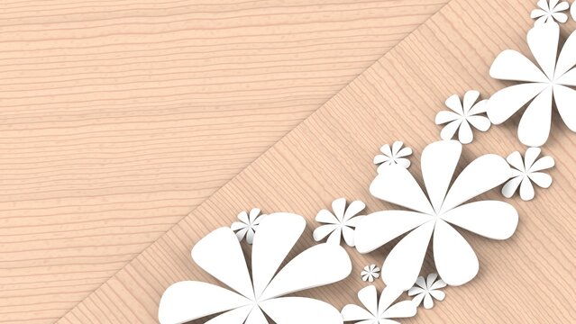 Woody plates background with white paper flowers. Concept image of happy Invitation and reception sign. 3D high quality rendering. 3D illustration. High resolution.