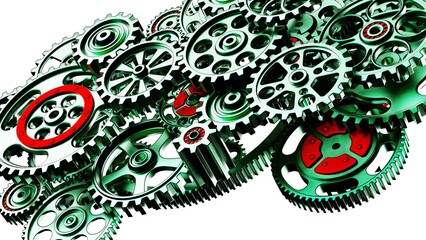 Mechanism green metallic gears and cogs at work under white spot lighting background. Industrial machinery. 3D illustration. 3D high quality rendering. 3D CG.