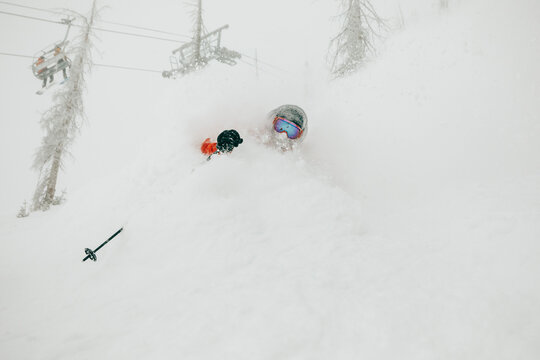 Close Up Of Guy Skiing Powder Snow In Colorado