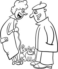two cartoon dog owners chatting on a walk coloring page