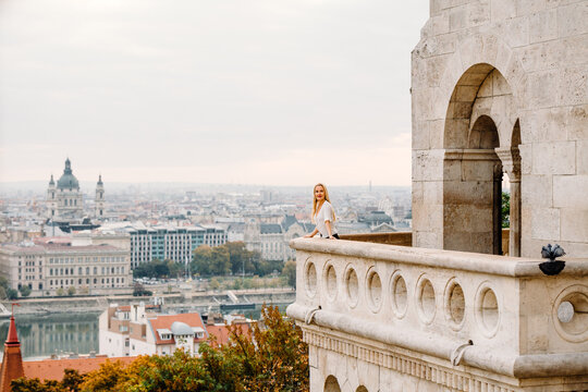 Blond woman on balcony at Fisherman's Bastion
