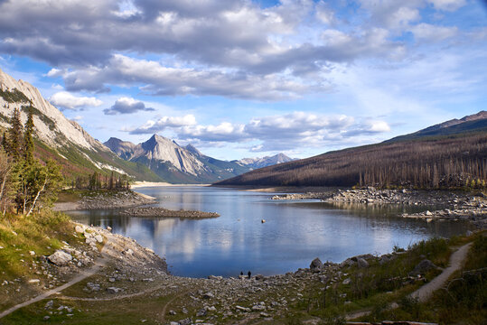 Canada, Jasper National Park, Jasper, Medicine Lake at day.