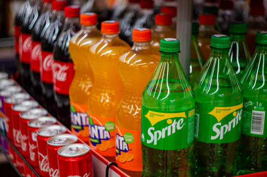 Osipovichi city, Republic of Belarus - September 8, 2022 : sweet carbonated drinks on store shelves