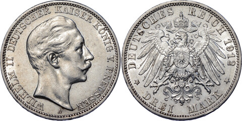 GERMANY PRUSSIA, Wilhelm II, 3 Mark 1912, aUNC - obrazy, fototapety, plakaty