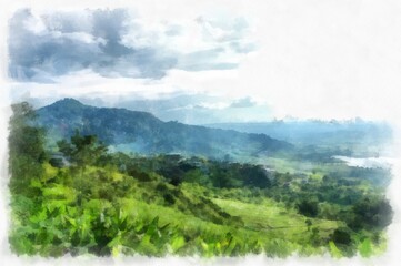 Obraz premium Mountain forest landscape and camping watercolor style illustration impressionist painting.