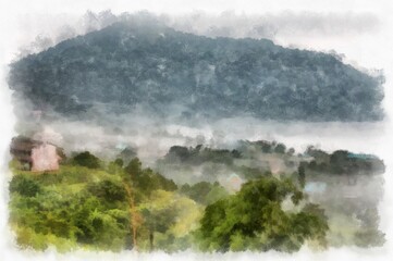 Obraz premium Mountain forest landscape and camping watercolor style illustration impressionist painting.