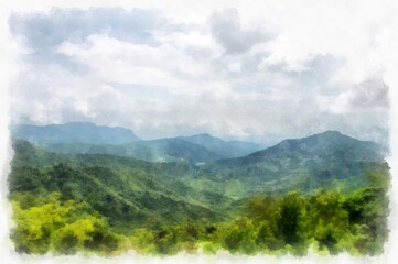 Mountain forest landscape and camping watercolor style illustration impressionist painting.