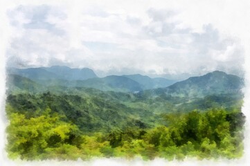 Mountain forest landscape and camping watercolor style illustration impressionist painting.