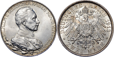 GERMANY PRUSSIA, Wilhelm II, 2 Mark 1913, 25th Year of Reign, UNC - obrazy, fototapety, plakaty