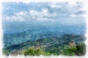 Mountain forest landscape and camping watercolor style illustration impressionist painting.