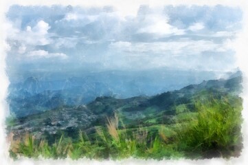 Obraz premium Mountain forest landscape and camping watercolor style illustration impressionist painting.