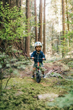 Little boy riding a bicycle outdoors