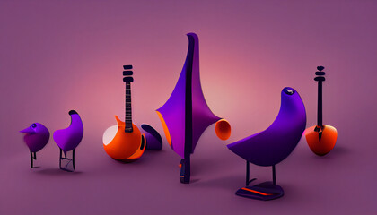 wallpaper abstract 3d rendering of pipe birds and musical instruments