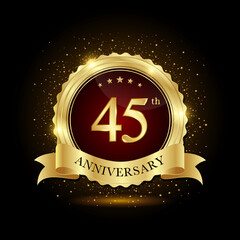 45th golden anniversary logo, with shiny ring and golg ribbon, isolated on black background, vector design