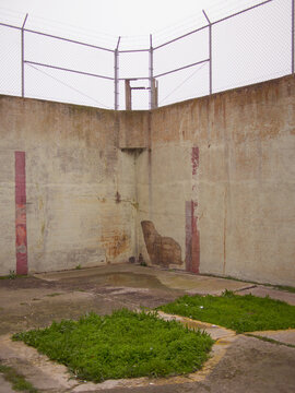 Corner of a concrete recreation field, Alcatraz Prison.
