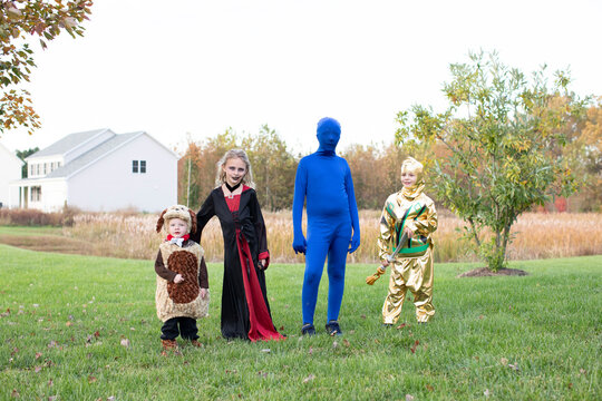 Four Toddler to Tween Siblings in Halloween Costumes Stand in Yard