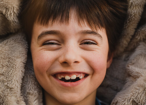 Close up of the face of a smiling young boy shot from above.