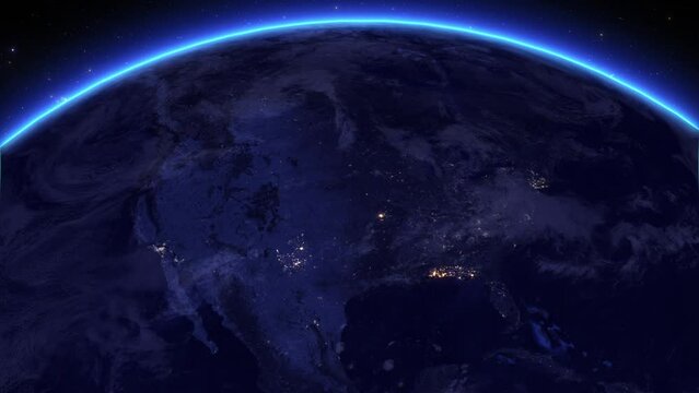 Blackout in North America. Huge Outage Hits United States, Canada and Mexico Area. Power Outage Turning Lights Off. International Earth Event. Rotating Earth.