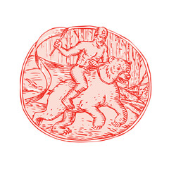 Russian Soldier Riding Bear Etching