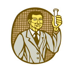 Asian Scientist Test Tube Woodcut Linocut