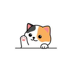 Cute calico cat waving paw cartoon, vector illustration - obrazy, fototapety, plakaty