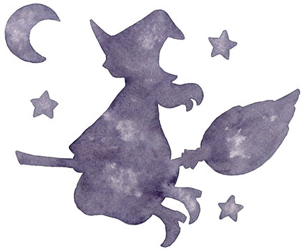 夜空を飛ぶ魔女のシルエットのイラスト