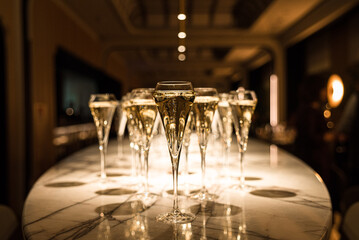 set of champagne glasses on table top (golden light bubbly fine wining in a restaurant)