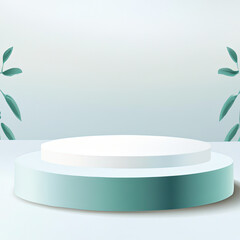 Summer round podium white background of abstract product scene cosmetic display or empty modern beauty stage platform 3d stand and minimal light pedestal natural presentation on blank studio backdrop - obrazy, fototapety, plakaty
