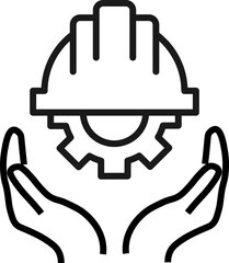 Support, present and charity concept. Modern vector sign drawn with black thin line. Editable stroke. Vector line icon of gear and builders helmet over outstretched hands