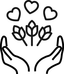Support, present and charity concept. Modern vector sign drawn with black thin line. Editable stroke. Vector line icon of hearts above bouquet of flowers over outstretched hands