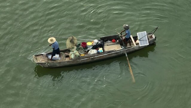 Aerial footage of fishing boat fishing in Guangdong,China