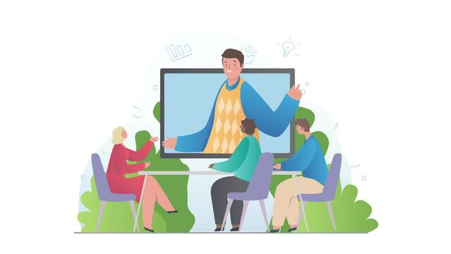 Online video conference concept. Moving teenage girl communicates with friends online or studies remotely. Communication or meeting with classmates via Internet.. Flat graphic animated cartoon