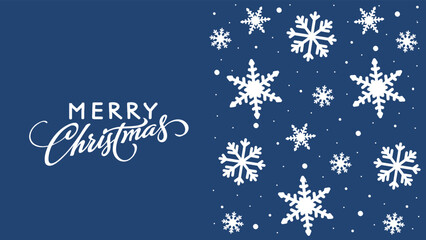 Christmas card with white snowflakes border on blue background. Artistic vector illustration.