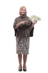 in full growth. happy mature woman with dollar bills